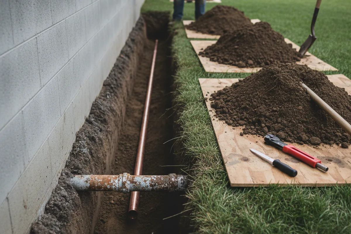 Excavated water line trench during Water Softener Installation in Flinton